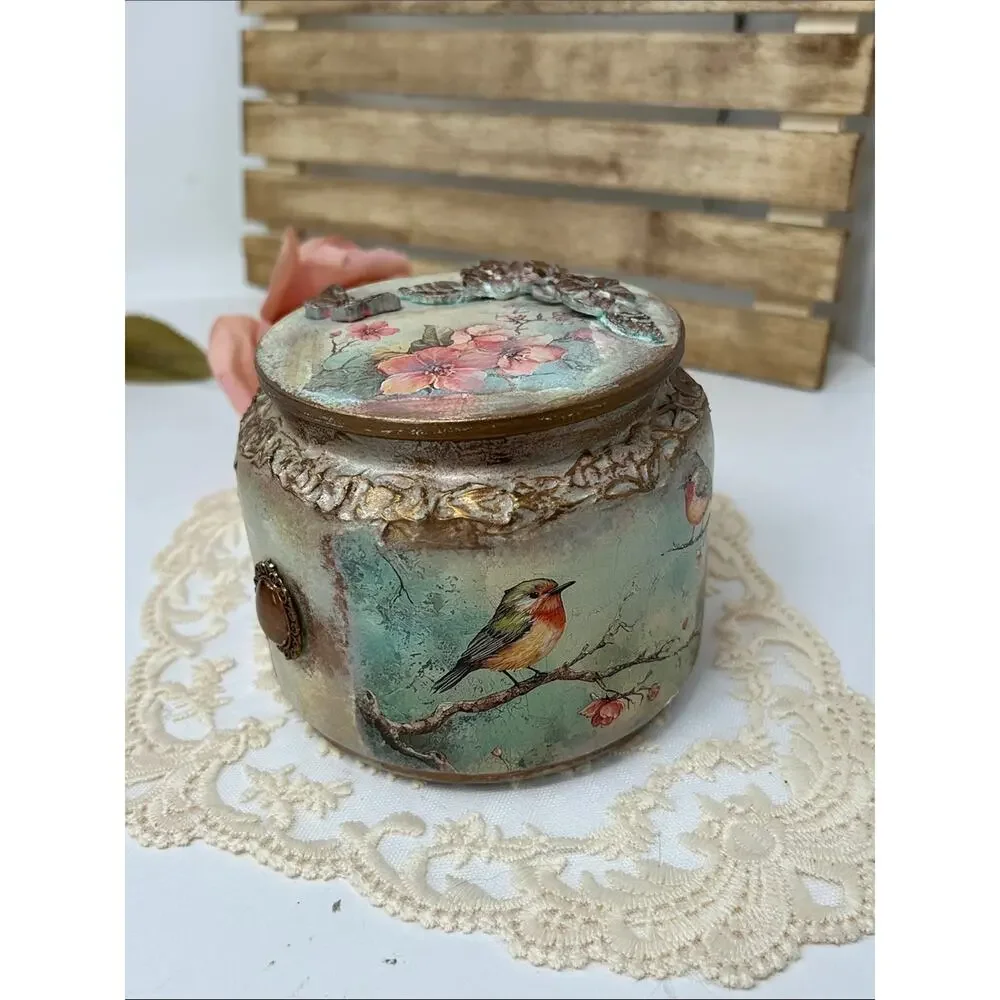 Vintage-Style Decorative Bird Floral Jewelry Jar - Mint & Pink